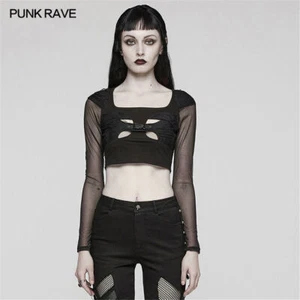PUNK RAVE Women Gothic Top Front Hollow Skull Buckle Decorative Tops Sexy Tees - Picture 1 of 10