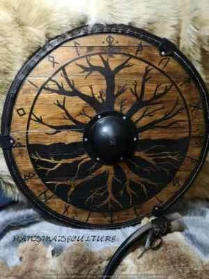 Escudo de madera de 24" con diseño de árbol redondo vikingo listo para la batalla, decoración del hogar Foto 1 de 4