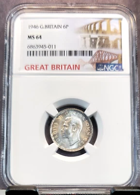 1946 GREAT BRITAIN SILVER 6 PENCE GEORGE VI ROYAL CYPHER NGC MS 64 BEAUTIFUL BU - Image 1 of 3
