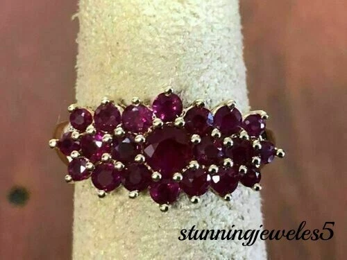 14K Yellow Gold Finish 2.55CT Round Cut Real Red Ruby Wedding Cluster Ring Gift - Image 1 of 4