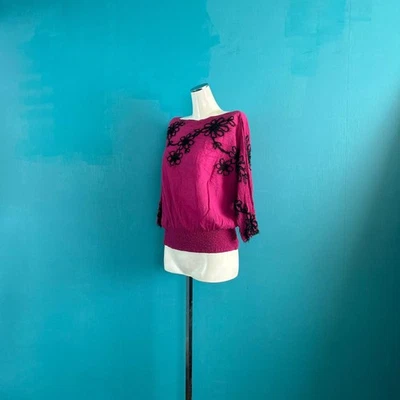 Issey Miyake Embroidered Flower Pink 3/4 Sleeve Crepe Top - Image 1 of 4