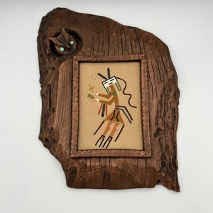 Vintage Native American Sand Art Painting Wood Like Frame Owl Turquoise Eyes - Picture 1 of 10