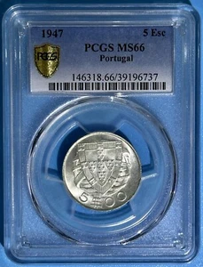 Portugal 1947 Silver 5 Escudos White ChBU Coin Sailing Ship PCGS MS 66 Top Pop - Picture 1 of 2