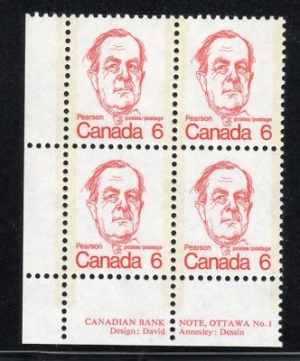 1973 Canada SC# 591 LL - Pearson - Plate # 1 Plate Block M-NH Lot # 2396 - Image 1 of 2
