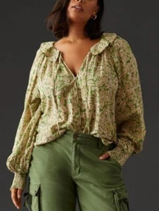 Camicia contadina Anthropologie donna XS verde floreale volant cotone boho top - Foto 1 di 9