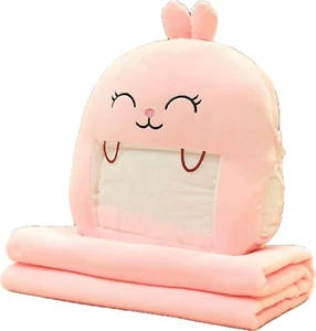 Cute Pink Bunny Plush Pillow with Blanket - Soft Throw Pillow for Couch, Office, - Picture 1 of 12
