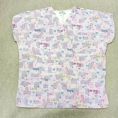 Sb Scrubs Women 2XL Cancer Ribbon Patterned Purple Pink Short Sleeve Pocket - Image 1 of 4