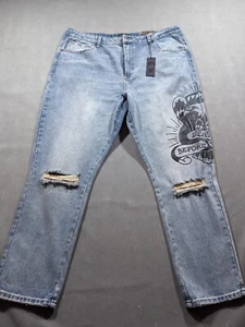 Ed Hardy Jeans Men's 40x30 Light Wash Distressed Death Dishonor Denim Pants - Picture 1 of 13