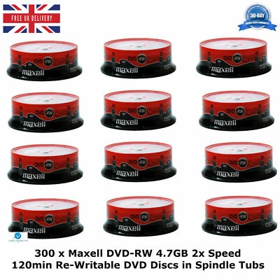 300 x Maxell DVD-RW 4.7GB 2x Speed 120min Re-Writable DVD Discs in Spindle Packs - Image 1 of 4