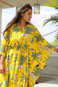 Indian Yellow Animal Print Cotton Hippie Maxi Women Nightwear Caftan Dress - Picture 1 of 22