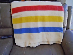 VTG Heavy Wool Cream Colored Blanket with 3 Stripes of Red Yellow Blue 58" x 84" - Picture 1 of 6