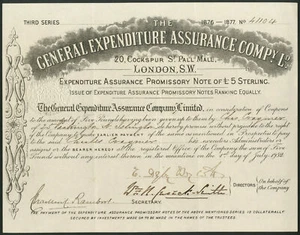 General Expenditure Assurance Co., pagaré, tercera serie, 1877 - Imagen 1 de 1