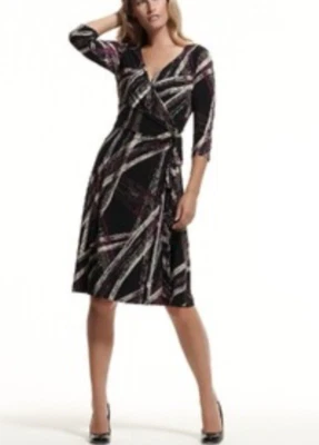 Jones NY Dress 8 Classic Stretch Wrap Career 3/4 Long Sleeve Black Cream Purple - Image 1 of 4