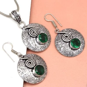 Set Pendant Emerald Girls Earrings Plated Simulated Jewelry Handmade - Picture 1 of 11
