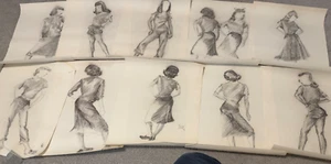 10 LARGE CHALK WOMEN FASHION DRAWINGS SIGNED - Picture 1 of 7