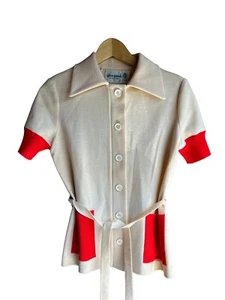 Vintage 70s Gino Paoli Cream Orange Wool Knit Short Sleeve Belted Top Size 8 - Picture 1 of 7