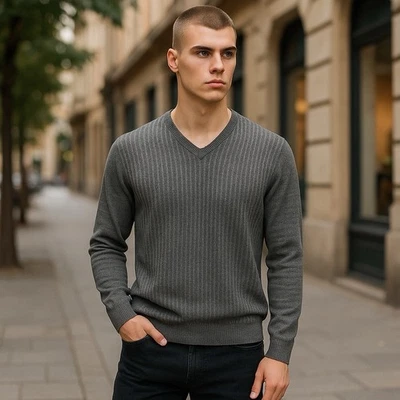 Toscano Firenze V Neck Sweater  Merino Wool Gray Color Block Men’s Large -New - Image 1 of 4