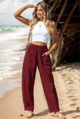 Pantalones informales de algodón y lino para mujer estilo vacaciones Foto 1 de 4