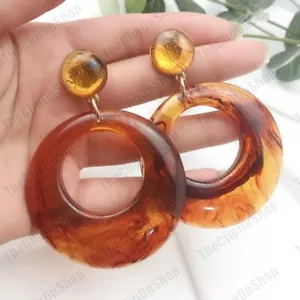 BIG RETRO hoops CLIP ON tortoiseshell amber resin HOOP EARRINGS vintage style - Picture 1 of 5