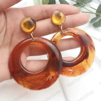 BRINCOS DE ARGOLA GRANDES RETRÔ argolas CLIP ON resina âmbar casca de tartaruga estilo vintage - Imagem 1 de 4