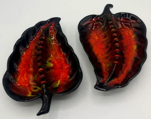 USA Pottery Leaf Shaped MCM Ashtray Black Orange Yellow Set of 2 - Picture 1 of 12