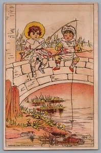 1800s Victorian Trade Card C.H. Covell Novelties New York Duplex Lamp Kids Fish - Picture 1 of 2