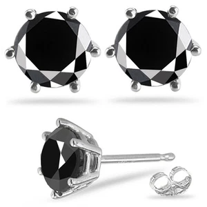 2.12 Ct BLACK COLOR MOISSANITE ROUND CUT SOLITAIRE 925 Sterling SILVER EARRINGS  - Picture 1 of 1