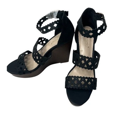 Sandalias de tacón de cuña ShoeDazzle negras con correa al tobillo Jaylah 7,5 NUEVAS Foto 1 de 4