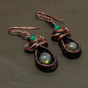 Labradorite Gemstone Handmade Wire Wrap Copper Jewelry Earrings 2.40" SR 130 - Picture 1 of 7