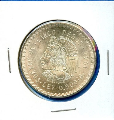 Moneda de plata Cuauhtémoc de 5 pesos de México 1948 #89 BU 1948 MS brillante sin circular Foto 1 de 3