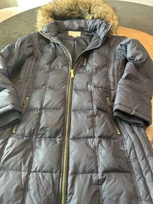 Chaqueta con Capucha Michael Kors Plumón Borde de Piel Sintética Azul Parka Abrigo Para Mujer M Foto 1 de 4