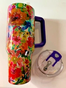 NEW NATURAL LIFE 40 OZ ICED DRINK CUP PURPLE HANDLE MULTICOLORED FLOWERS - Picture 1 of 2