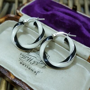 14k White Gold Hoop Earrings, Black & White Enamel Hoops, Not 9ct Gold, 585 - Picture 1 of 9