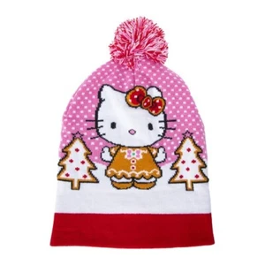Hello Kitty Hat Gingerbread Pom Beanie Sanrio Holiday Christmas Pink Kawaii NEW  - Picture 1 of 4