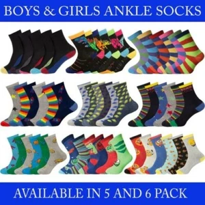 3, 5, 6 Pack Boys Girls Ankle Socks Childrens Kids Multicoloured Designer Sock - Picture 1 of 42