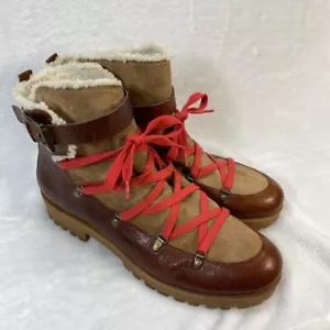 Leather Ankle Boots Faux Fur Lined Lace Up Buckle Accent Size 12 - Picture 1 of 9