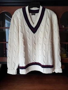 Vintage Brooks Brothers Tennis Sweater L Cream Wool Cable Knit Hong Kong - Picture 1 of 7