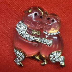 Spilla coppia maiale gelatina rosa vintage strass pietra oro - Foto 1 di 12