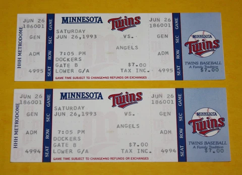 Minnesota Twins Ticket Stub | June 26 1993 | Kirby Puckett Hit Chili Davis HR Cover