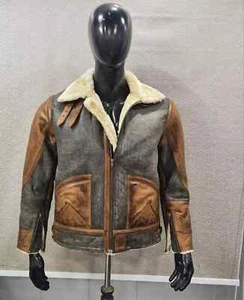 Men B3 RAF Bomber Two Tone Aviator Flying Fur Shearling Real Leather Jacket Coat - Picture 1 of 5