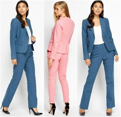 Ladies Office Blue Pink Linen Button Chino Tailored Blazer Trousers Suit Jacket - Image 1 of 4