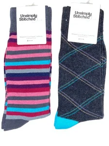UNEINFACH GENÄHT 2 Paar Crew Socken Box Set Argyle Streifen Unisex Funky  - Bild 1 von 2