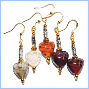 ELEGANT GOLD & SILVER ART GLASS HEART DANGLE EARRINGS * FAST SHIPPING! A10 - Picture 1 of 6