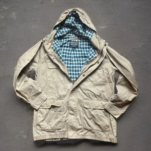 Volcom Hooded Flannel Lined Jacket Men’s Large Khaki Distressed Plaid Inside - Picture 1 of 19