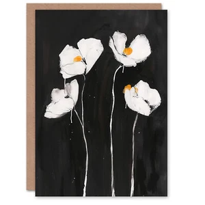 Tarjeta de felicitación flores de amapola blanca sobre negro audaz pintura floral simpatía - Imagen 1 de 6