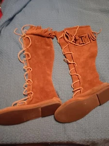 Mokassins Kniehohe Stiefel Damen Gr. 6,5 oder 7 Leder Schnürung harte Sohle gebraucht - Bild 1 von 3