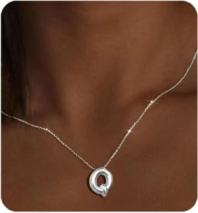Silber "Q" Initialen Halsketten für Frauen Teens Geschenke Trendy Blase Buchstabe Anhänger - Bild 1 von 6
