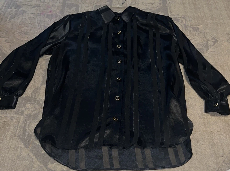 Vintage Westbound Black Stripe Shiney Button Shirt Shoulder Pads Sz 8 Womens - Image 1 of 4