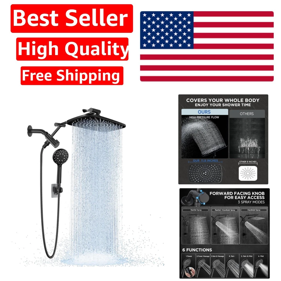 Veken 12" High Pressure Rain Shower Head w/ Extension Arm Matte Black SHC5V202