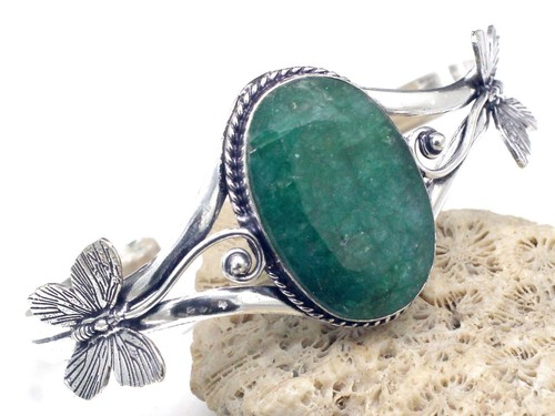 VALENTINO 925 Sterling Silver Green Ruby Gemstone Handmade Jewellery Cuff Bracelet S ADJ